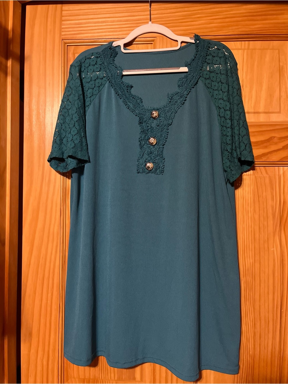 Women's Teal Crochet-Trim Henley Tunic Top